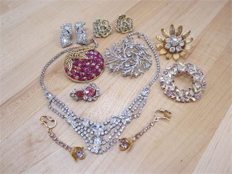 Vintage Rhinestone Lot Necklace Brooches Earrings