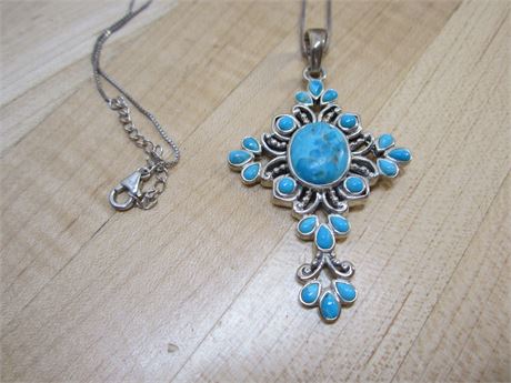 Turquoise & Sterling Silver Cross Necklace Signed BBJ