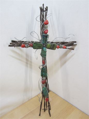 Barbed Wire Cross with Turquoise Stones Wall Art