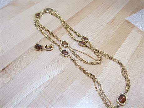 Sarah Coventry Necklace & Clip Earrings Gold & Amber