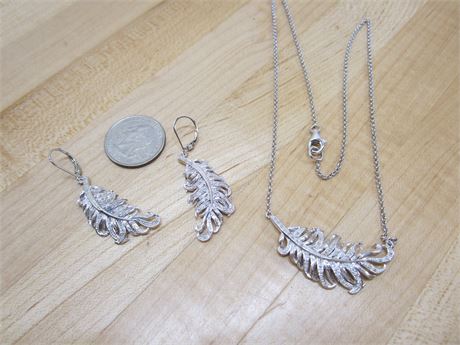 Sterling Silver Leaf Necklace & Earrings Set