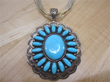 Large Sterling & Turquoise Pendant Signed S-star Sterling Strand Necklace