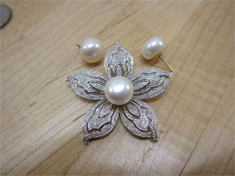 Sterling Silver Real Pearl Flower Brooch w/ Real Pearl Earrings