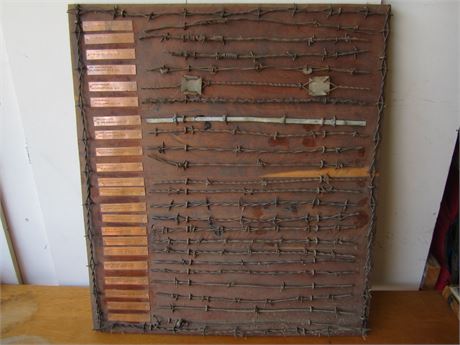 Vintage Barbed Wire Display with Names on Oak Board Nice shape!!