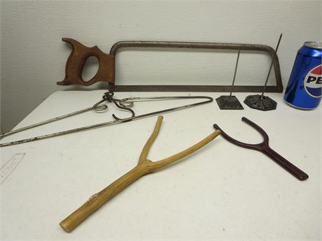 Vintage Saw, Hanger, Receipt holders & Slingshot Lot