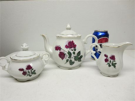 Rose Tea Pot, Cream & Sugar Lot