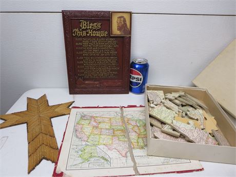 USA Puzzle & Bless this House Plaque Lot
