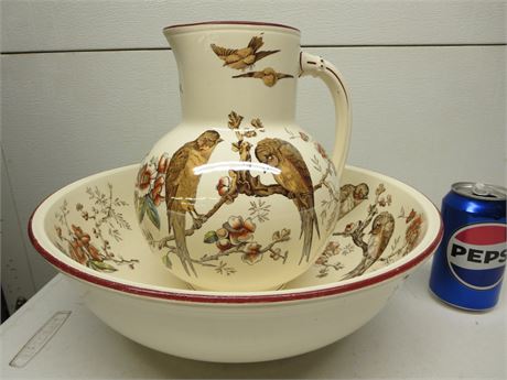 Vintage Wash Basin & Pitcher Swallow Graphics Nice!